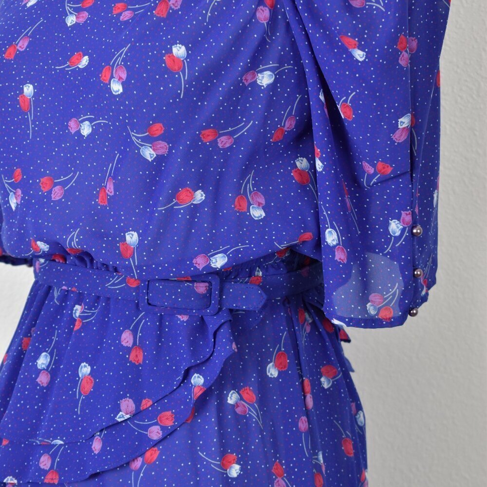 80's Vintage Floral Belted Peplum Formal Dress - 4 - Picture 4 of 13